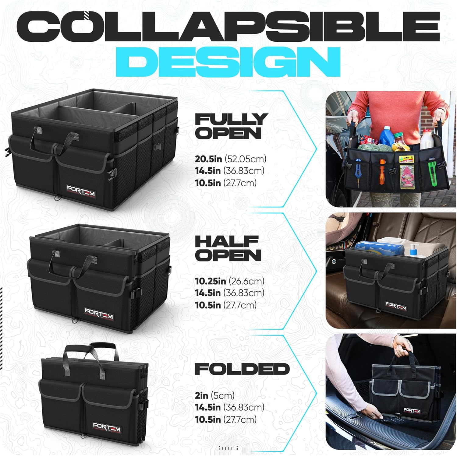 FORTEM Car Boot Organiser, Car Storage Organiser, Car Accessories, Collapsible Multi Compartment Car Organiser, Car Boot Tidy, Non Slip Bottom, Adjustable Securing Straps 50L (Black, Standard)