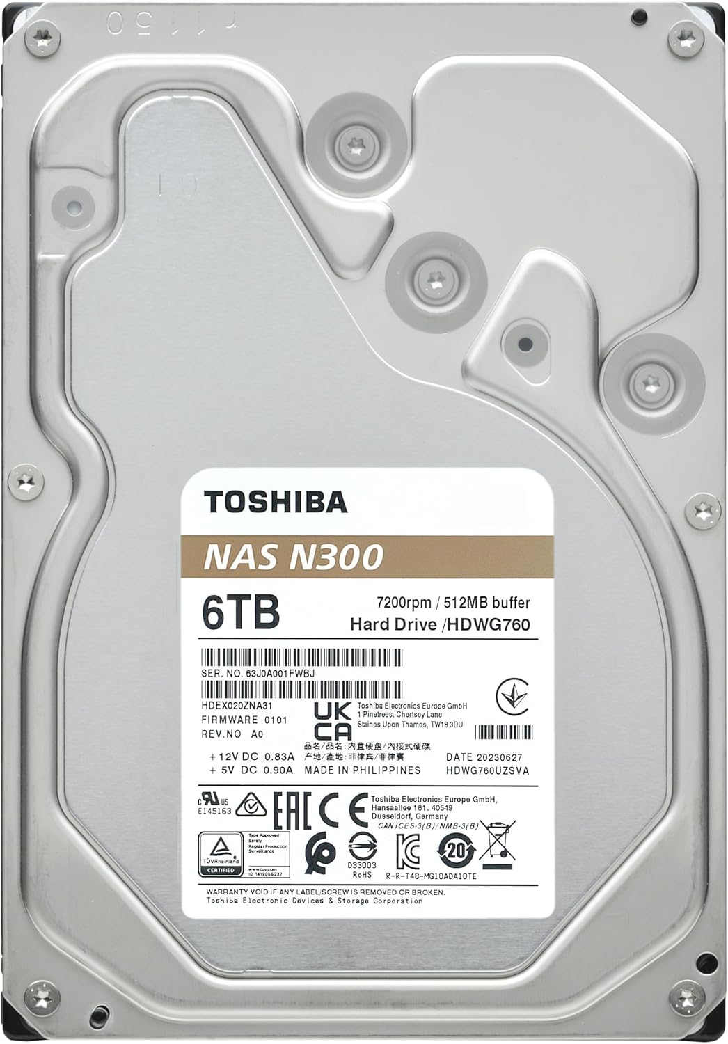 Toshiba N300 6TB NAS 3.5-Inch Internal Hard Drive – CMR SATA 6Gb/s, 7200 RPM, 512MB Cache (HDWG760XZSTA)