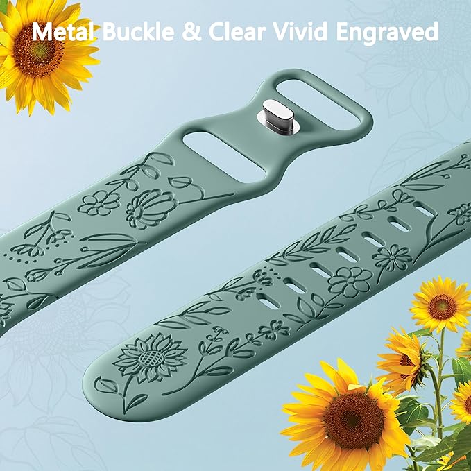 6 Pack Floral Engraved Bands Compatible with Apple Watch Band 40mm 38mm 41mm 42mm 44mm 45mm 49mm Women, Silicone Soft Cute Flower Pattern Strap for iWatch Series Ultra Ultra 2 SE 9 8 7 6 5 4 3 2 1