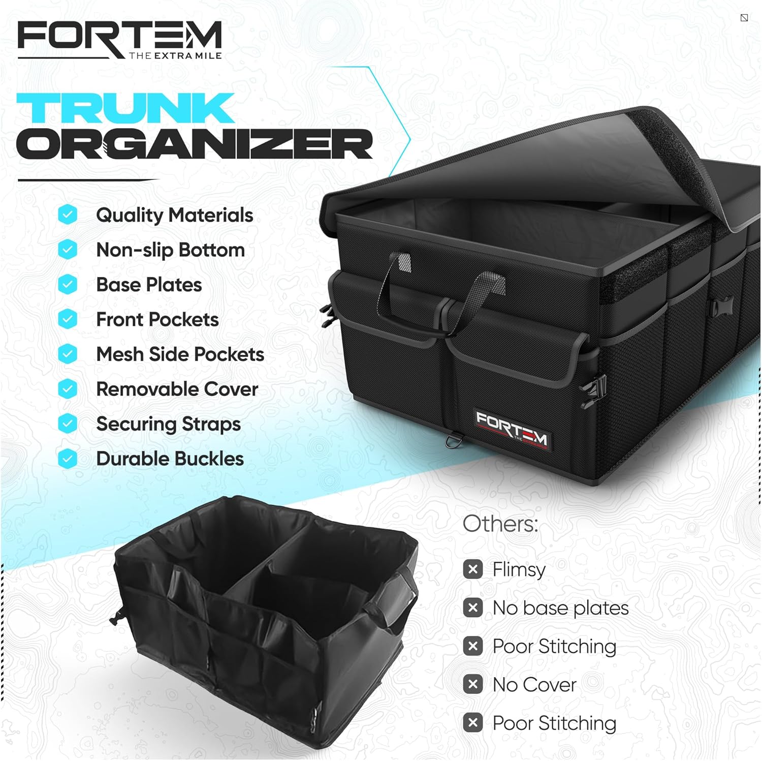 FORTEM Car Boot Organiser, Car Storage Organiser, Car Accessories, Collapsible Multi Compartment Car Organiser, Car Boot Tidy, Non Slip Bottom, Adjustable Securing Straps 50L (Black, Standard)