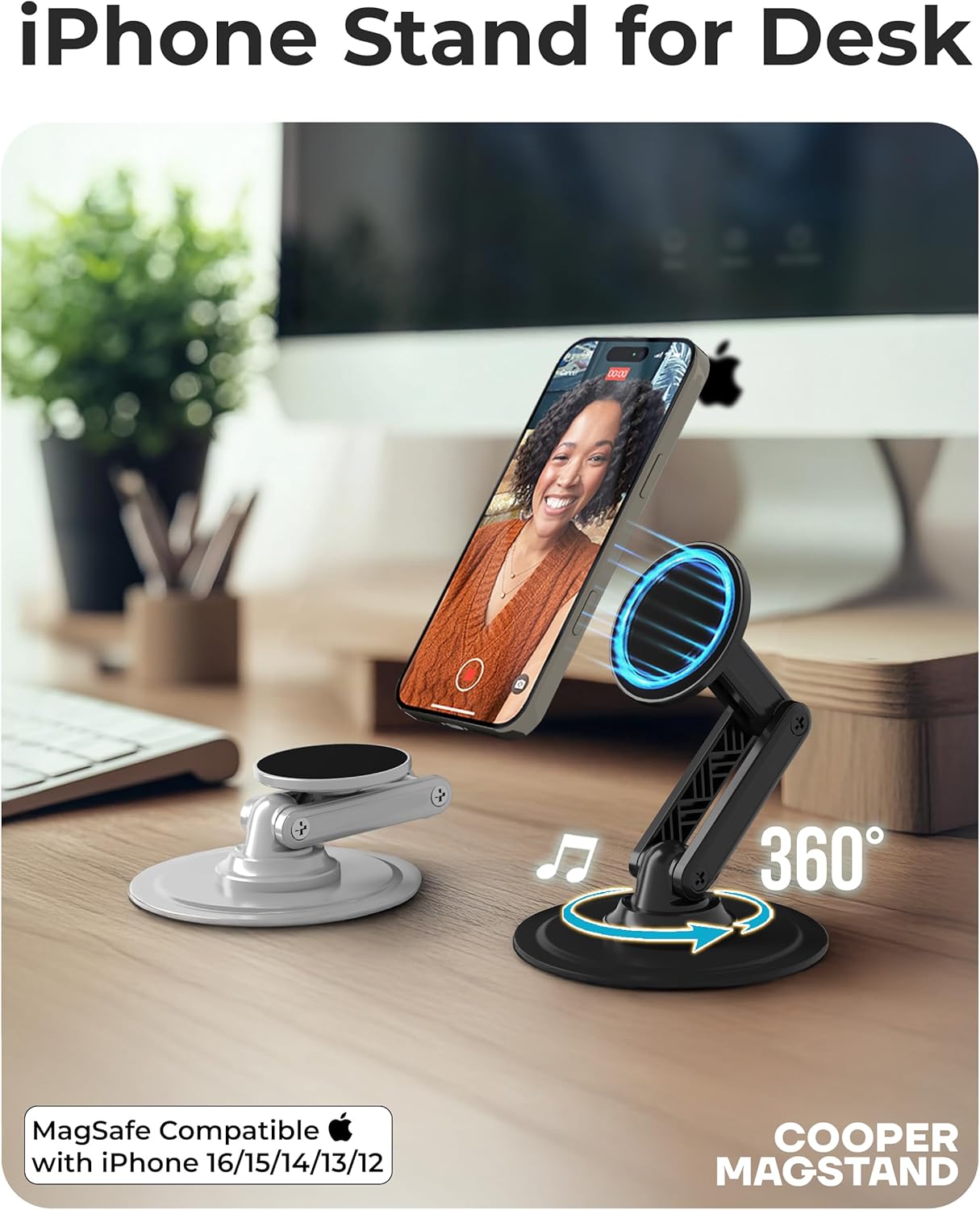 COOPER Mag360 Magnetic Phone Stand — Stealth Black (with 2 Metal Rings)