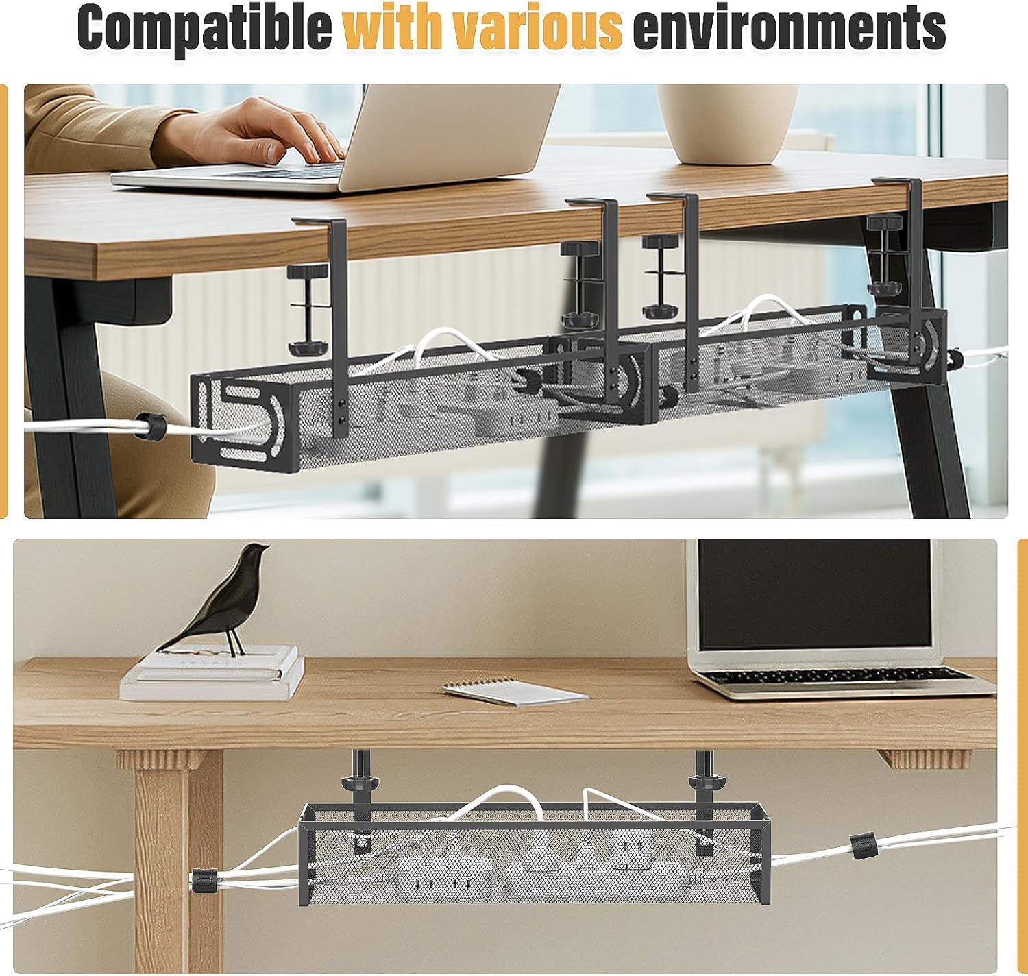 2 Pack Under Desk Cable Management Tray — No Drill