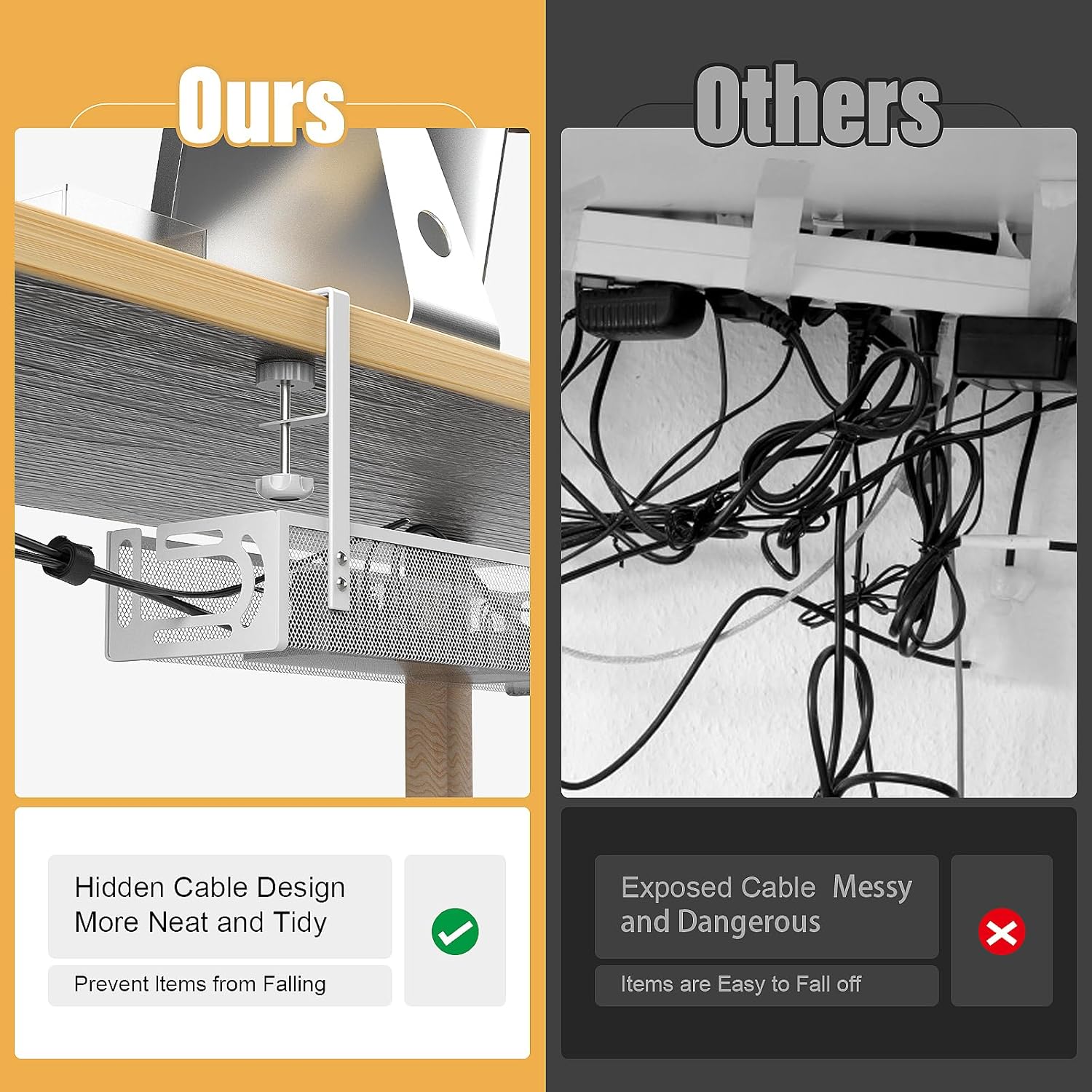 Under Desk Cable Management Tray — No Drill (White)