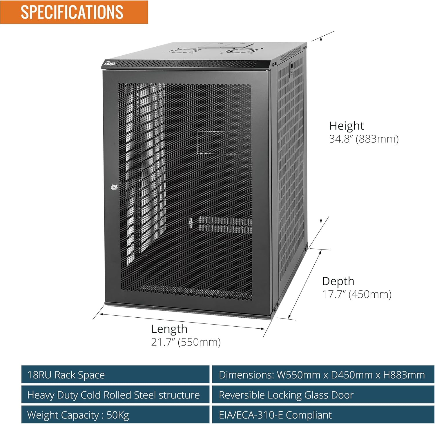 Tecmojo 18U Wall Mount Network Cabinet – 450mm Deep, Lockable Mesh Door, 50kg Load - Black