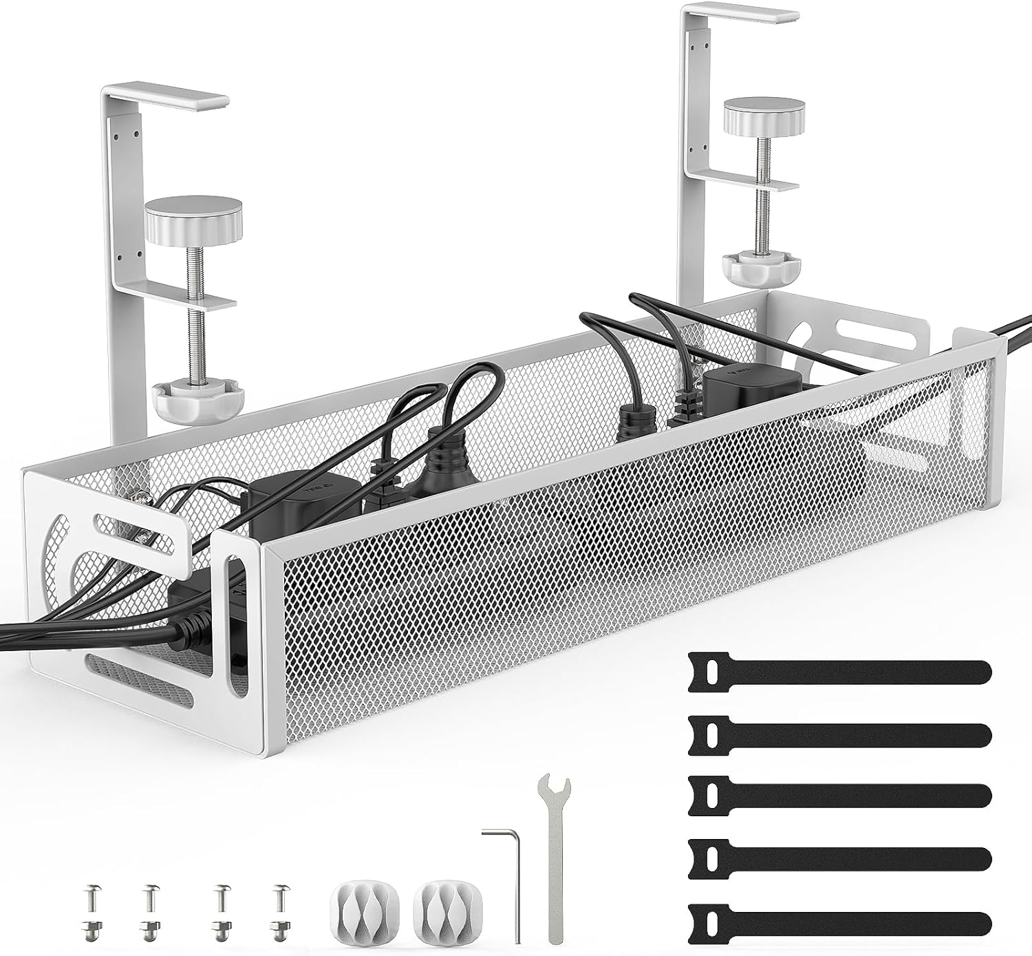 Under Desk Cable Management Tray — No Drill (White)