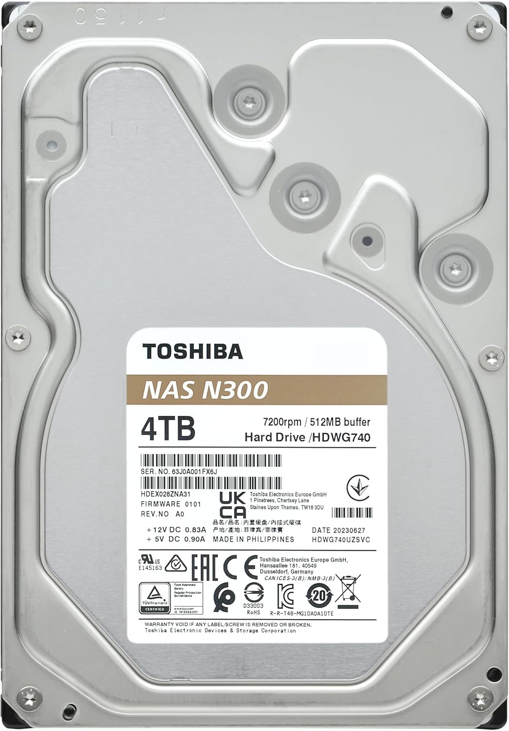 Toshiba N300 4TB NAS 3.5-Inch Internal Hard Drive – CMR SATA 6Gb/s, 7200 RPM, 512MB Cache (HDWG740XZSTC)