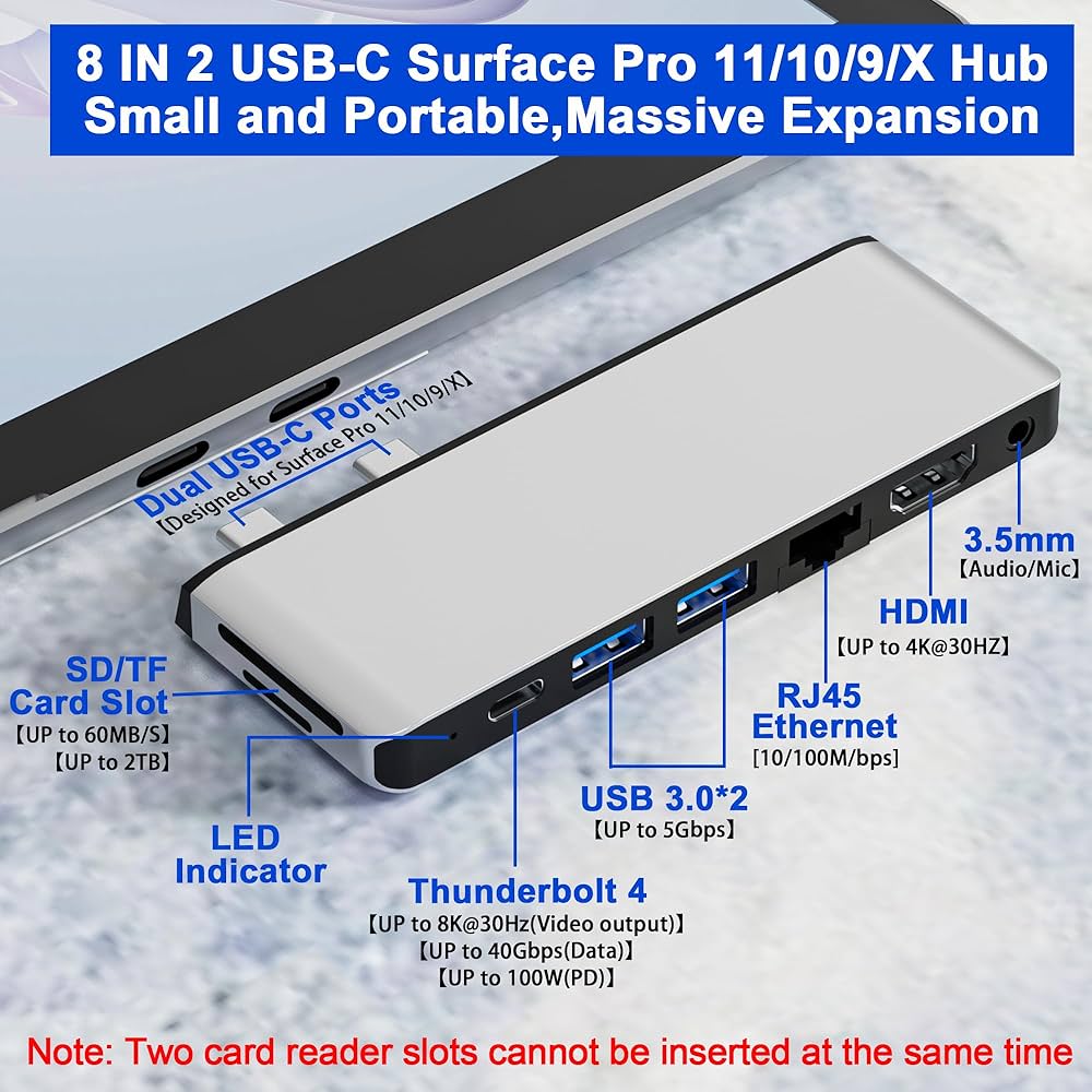Surface Pro 9/10/11/X USB Hub Docking Station with 4K HDMI Thunerbolt 4 RJ45 USB3.0 SD TF 3.5mm Audio Triple Display for Surface