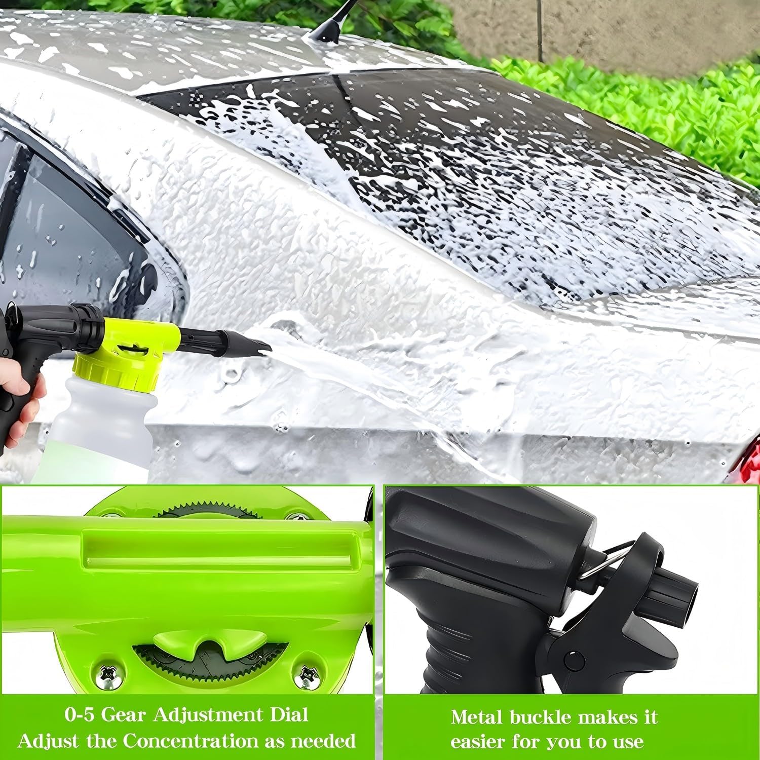 Car Wash Foam Gun, Snow Foam Gun Sprayer with 3/8" Brass Connector & 1L Bottle, Nozzles, Wash Mitt, Car Accessories for Men - Snow Foam Cannon Cleaner - Wash Kit for Washing Home Garden Watering Green