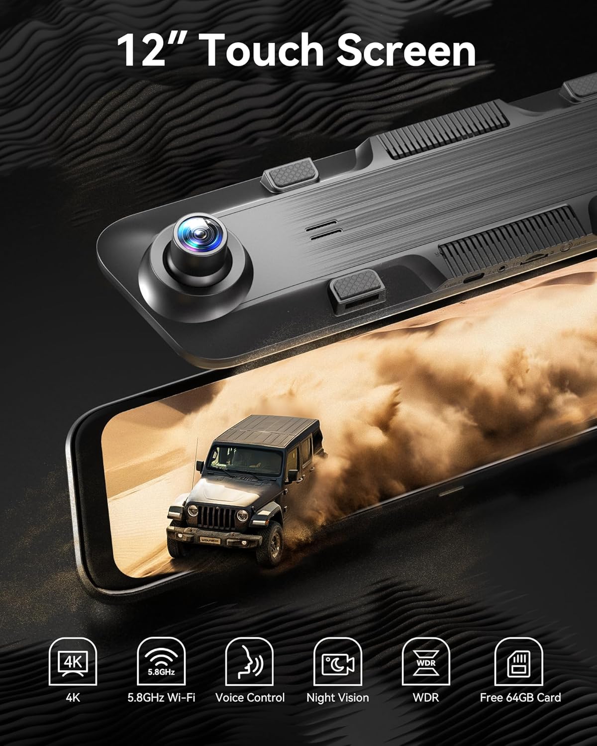 WOLFBOX G850 4K Mirror Dash Cam: 12'' Rear View Mirror Camera for Car,Dual Dash Cameras Front and Rear,Super Night Vision,Parking Monitoring,Reversing Assistance,64GB Card & GPS