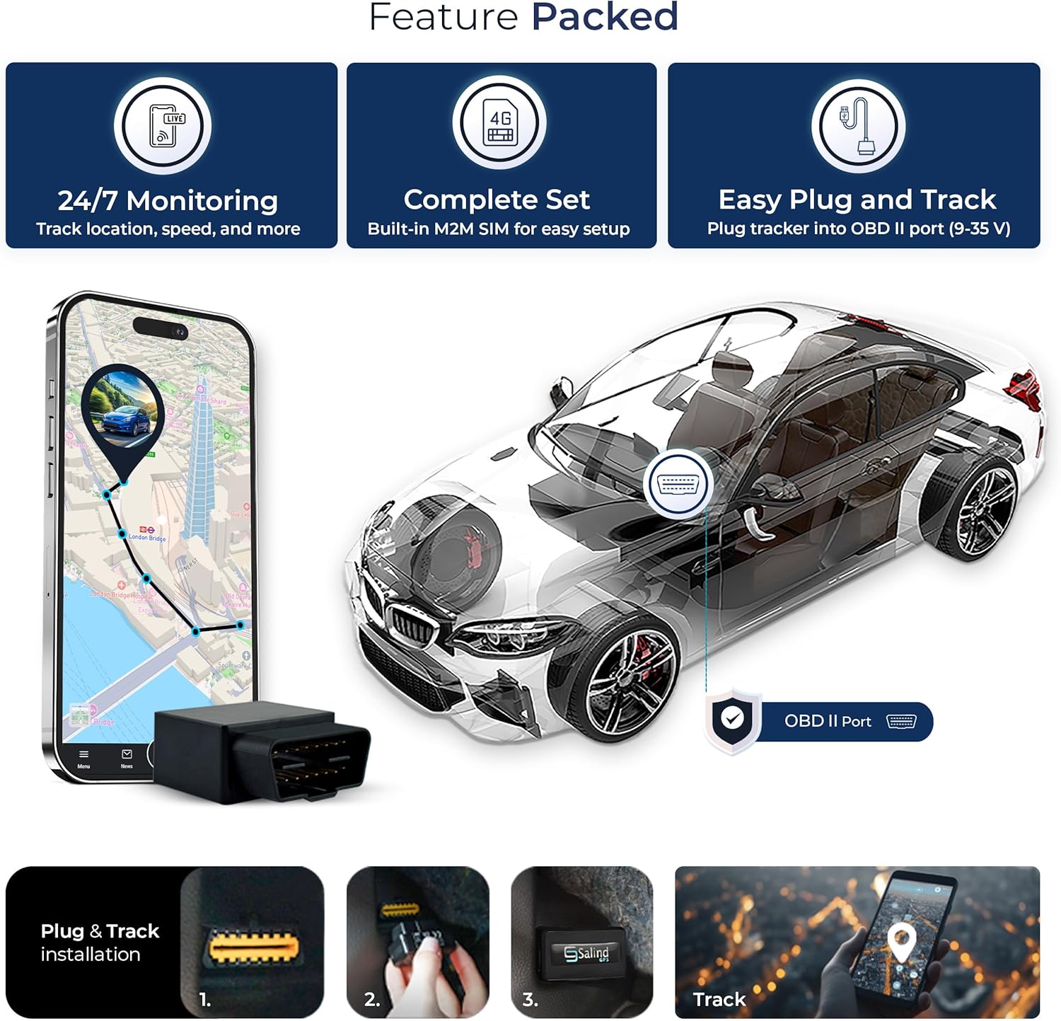 Salind GPS Permanent Battery via OBD 2 - Tracker for Vehicles, 4G LTE Real Time Monitoring & Tracking Device for Cars, Trucks, Fleets, Full Global Coverage, Car Tracking with Alarm Notifications