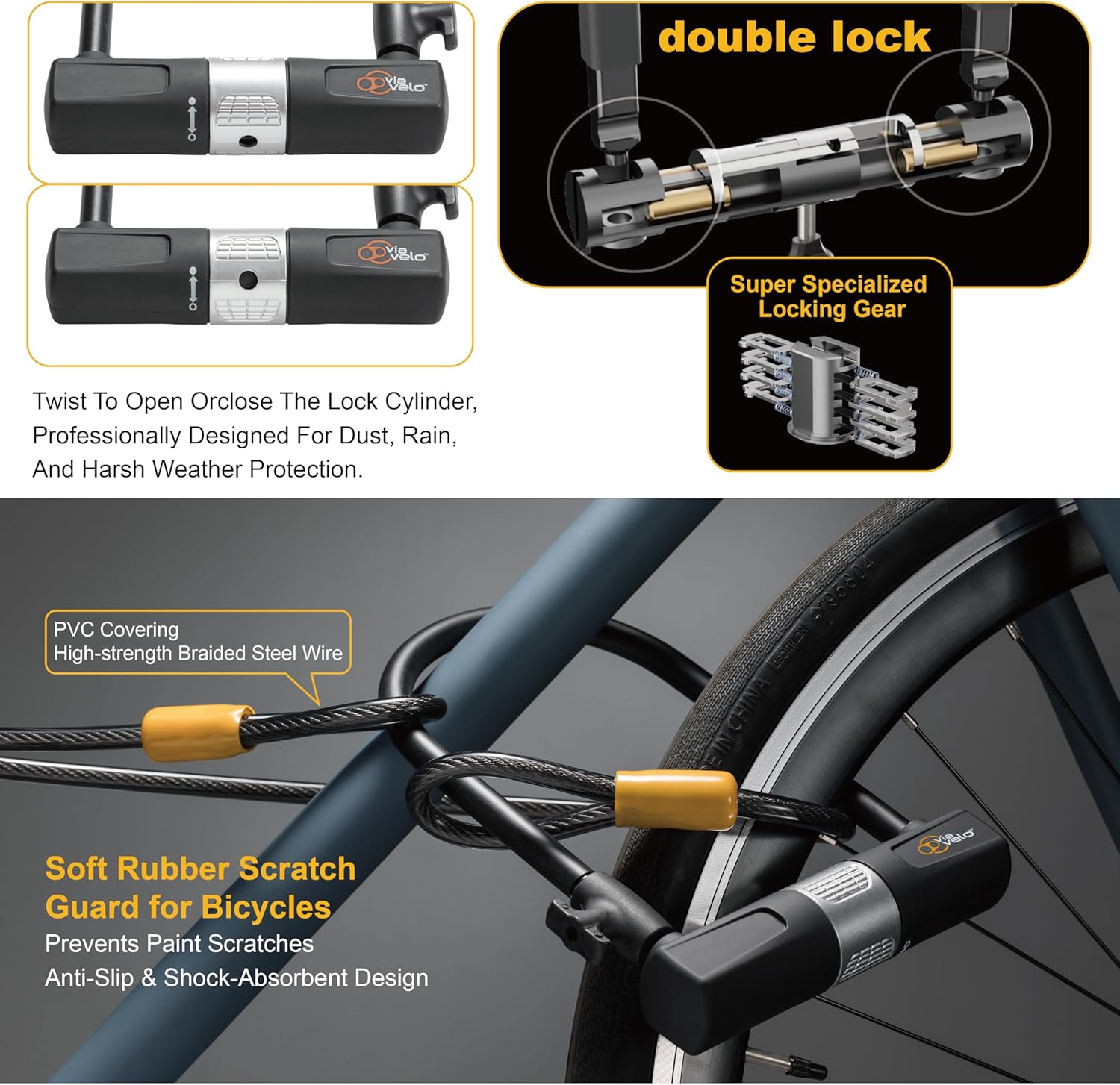 Bike U Lock with Cable - Via Velo Heavy Duty Bicycle U-Lock,14mm Shackle and 10mm x1.8m Cable with Mounting Bracket for Road Bike Mountain Bike Electric Bike Folding Bike, Great Bike Safety Tool