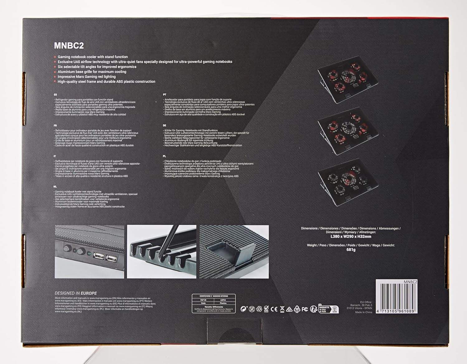 Mars Gaming MNBC2 Cooling Base for Gaming Laptops up to 17.35 inches (5 Ultra-Silent Fans, Red LED, 2 x USB 2.0), Black and Red