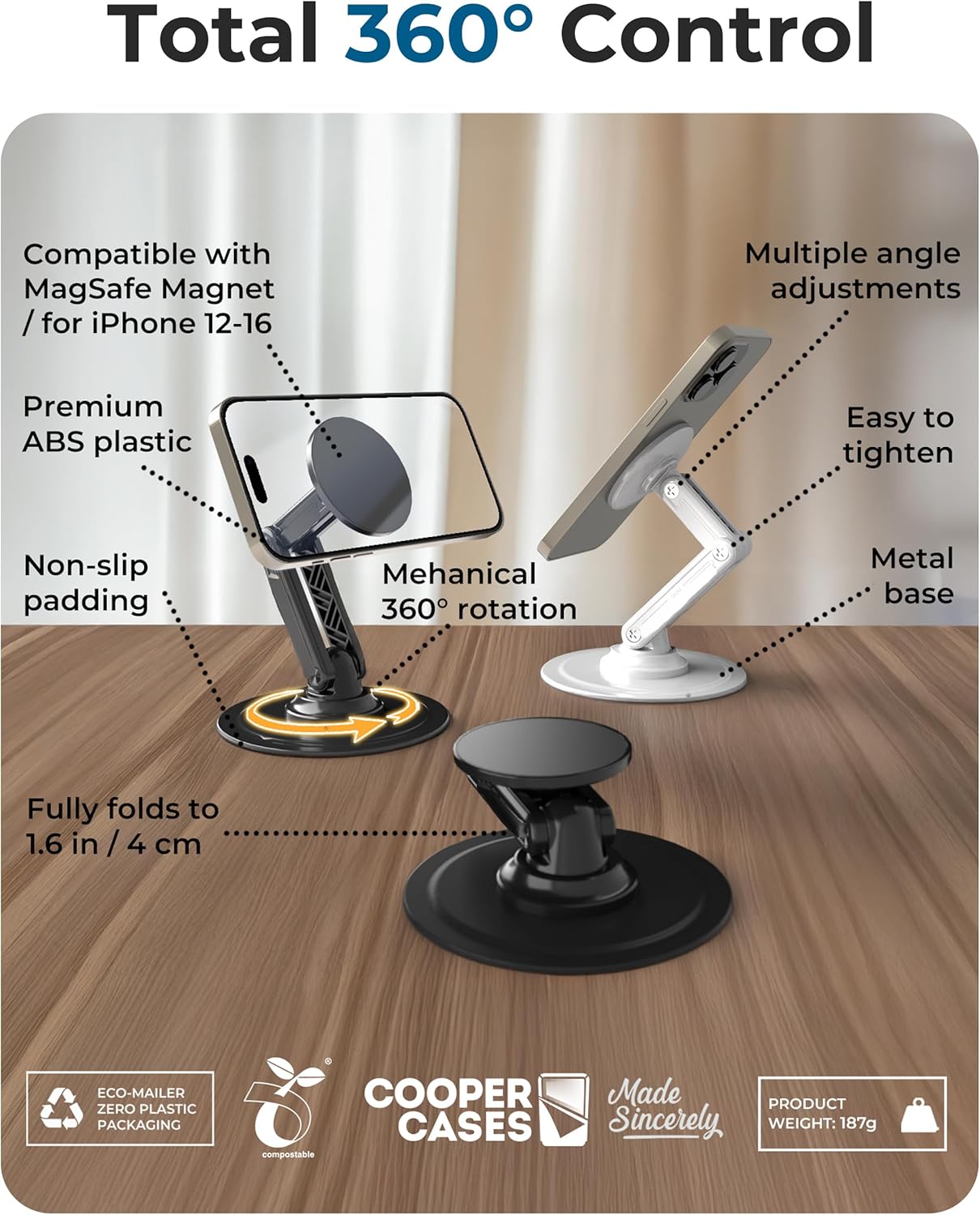 COOPER Mag360 Magnetic Phone Stand — Stealth Black (with 2 Metal Rings)