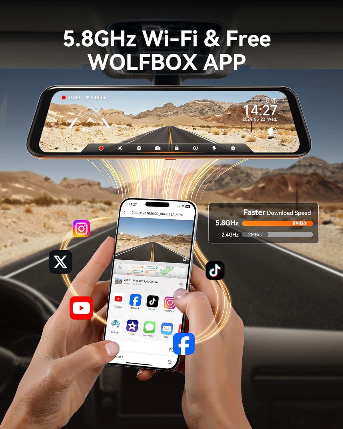 WOLFBOX G850 4K Mirror Dash Cam: 12'' Rear View Mirror Camera for Car,Dual Dash Cameras Front and Rear,Super Night Vision,Parking Monitoring,Reversing Assistance,64GB Card & GPS