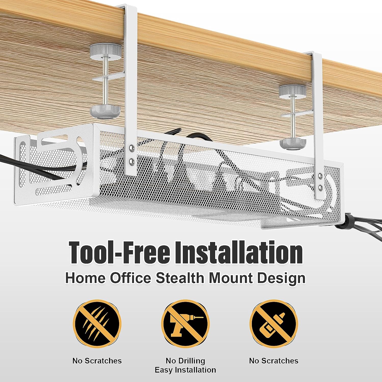 Under Desk Cable Management Tray — No Drill (White)