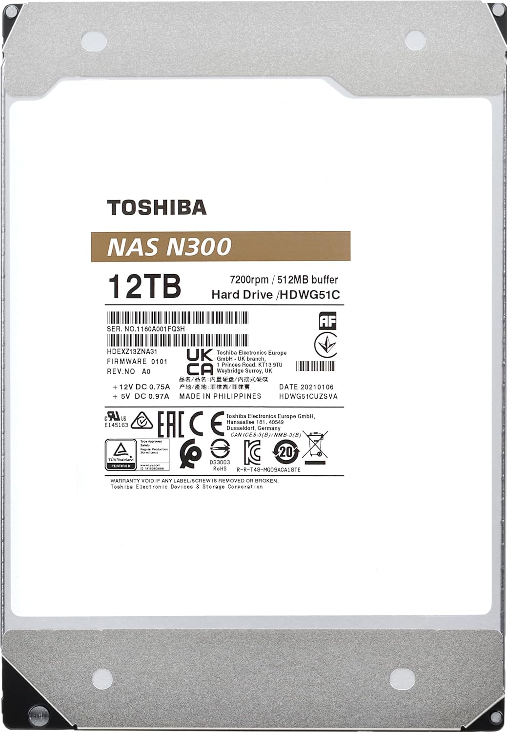 Toshiba N300 12TB NAS 3.5-Inch Internal Hard Drive – CMR SATA 6Gb/s, 7200 RPM, 512MB Cache (HDWG51CXZSTA)