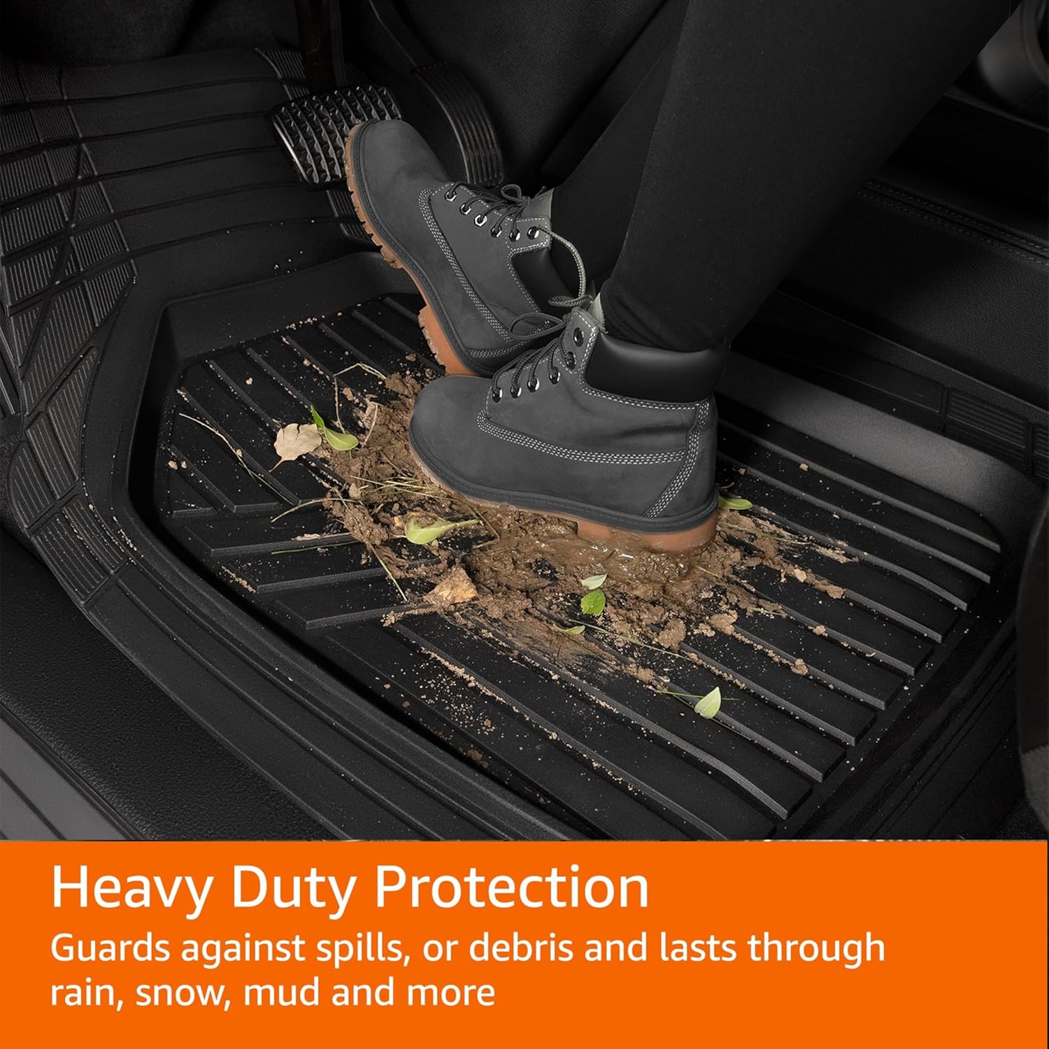 Amazon Basics 4-Piece All-Weather Protection Heavy Duty Rubber Floor Mats Set with Cargo Liner for Cars, SUVs, and Trucks，Black,Universal Trim to Fit