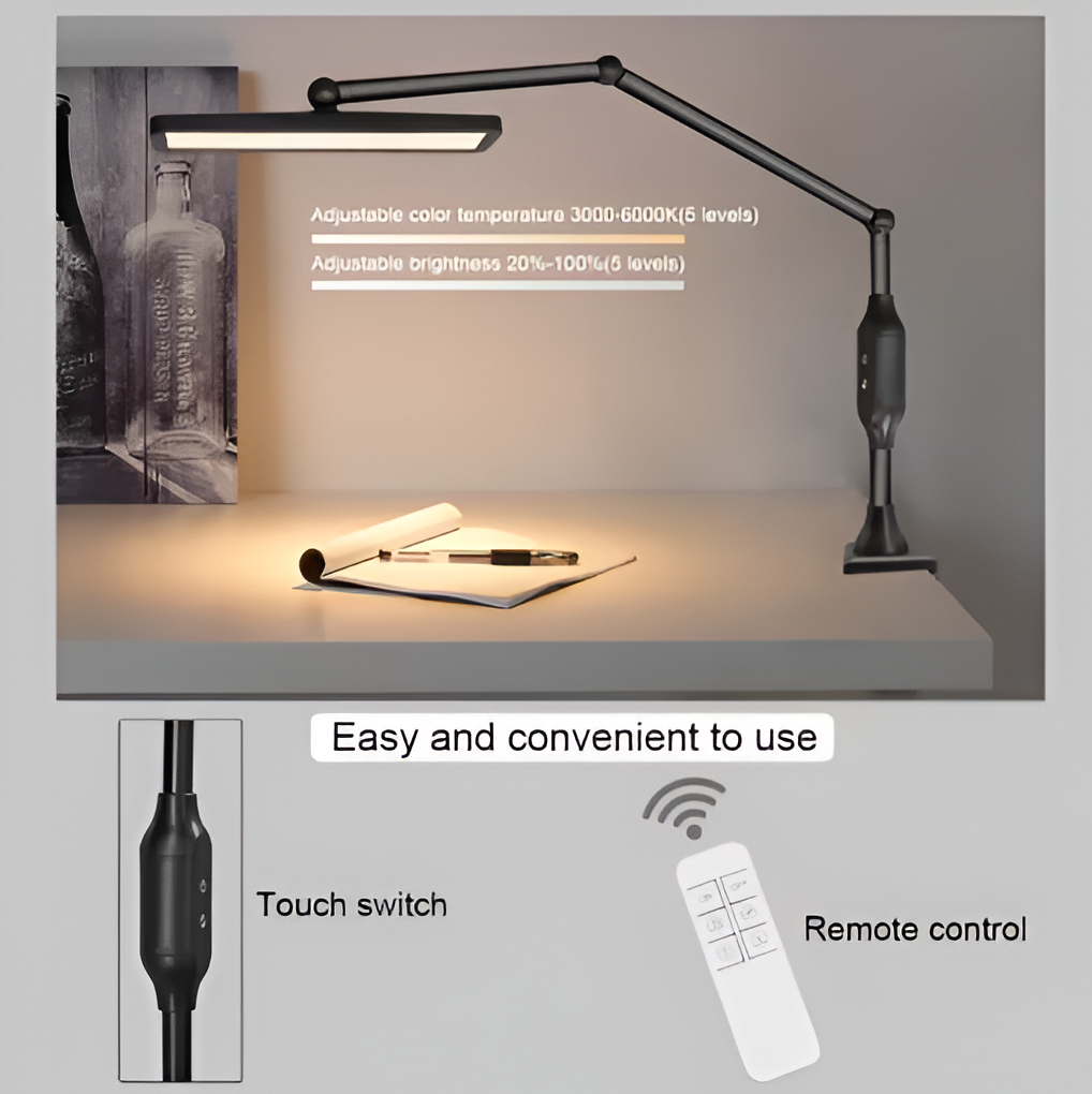 Long Arm Clip-on Lamp Adjustable Brightness Remote Control Touch Dimmer LED Table Lamp For Reading Room Business Office Work