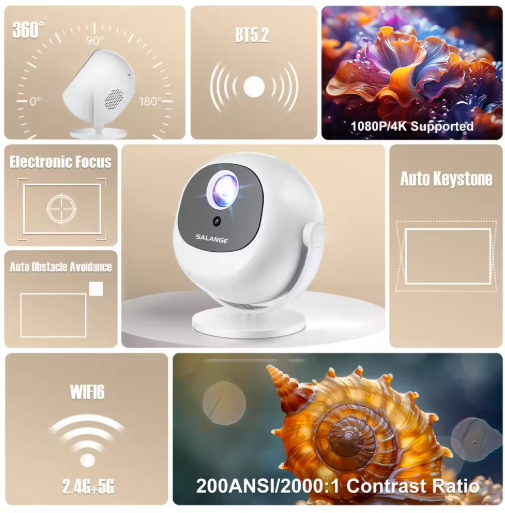 Salange P360 Projector 4K Video Android11 5GWifi Allwinner H713 200ANSI BT5.2 720P Outdoor 360° Rotate Home Cinema Auto Keystone