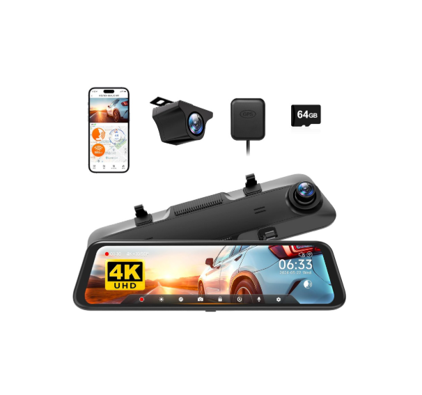 WOLFBOX G850 4K Mirror Dash Cam: 12'' Rear View Mirror Camera for Car,Dual Dash Cameras Front and Rear,Super Night Vision,Parking Monitoring,Reversing Assistance,64GB Card & GPS