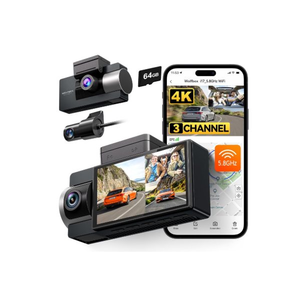 WOLFBOX i17 4K 3 Channel Dash Cam Built-in 5.8GHz WiFi GPS with 64GB Card, 4K+1080P+1080P Dash Cam Front and Rear Inside, Triple Car Camera with 3 Inch Screen, IR Night Vision, WDR, 24H Parking Mode