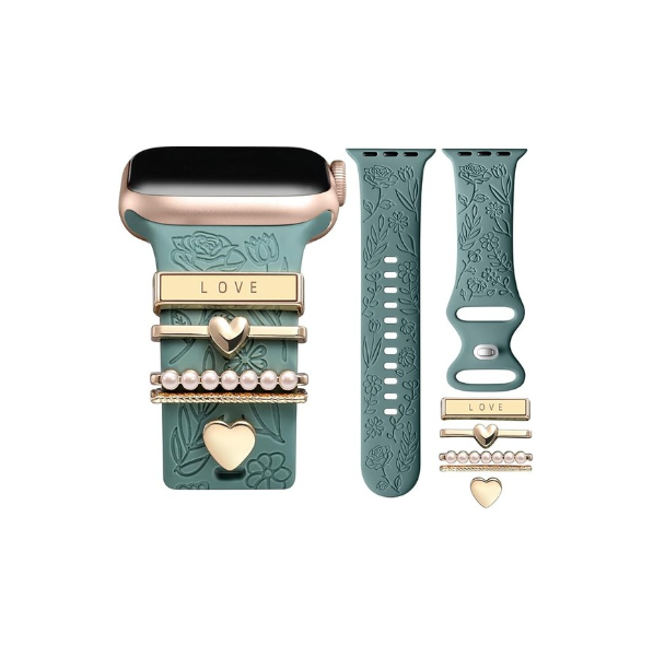 Witzon Flower Engraved Band Compatible with Apple Watch Bands 38mm 40mm 41mm for Women, Soft Silicone Sport Band With Decorative Apple Watch Charms for iWatch Series 9 8 7 6 5 4 3 2 1 SE (With Band)