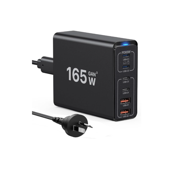 USB C Charging Station 165W, USB C Desktop Charger GaN 6 Port Fast Travel Wall Charger Adapter Compatible with MacBook Pro/Air/iPhone 12/13/14/15/16 Series/Samsung Galaxy S22/S23/S24/Laptop (Black)