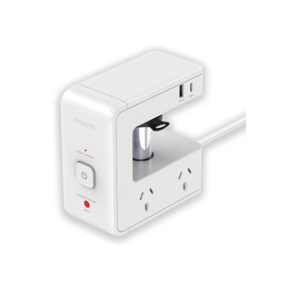 PHILIPS Desk Table Clamp Powerboard, Desktop Edge Mount Charging with 4x10A Outlets + 2xUSB A +2xUSB C (8 Devices), Overload Surge Protector, 1.2m Extension Cord Desktop Power Board with USB C