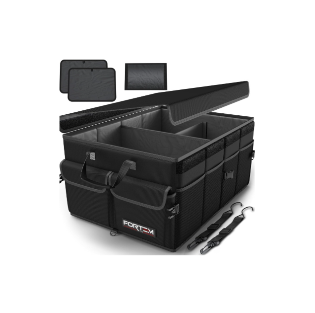 FORTEM Car Boot Organiser, Car Storage Organiser, Car Accessories, Collapsible Multi Compartment Car Organiser, Car Boot Tidy, Non Slip Bottom, Adjustable Securing Straps 50L (Black, Standard)