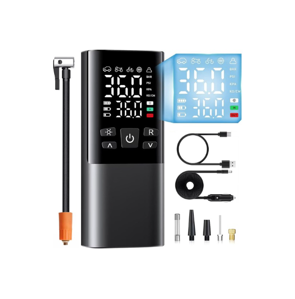 Tyre Inflator Portable Air Compressor 3-150 PSI Car Tyre Electric Air Pump 6000mAh Power Bank Tire Inflator with Digital Pressure Gauge LED Light Car Accessories for Bike Motorbike Basketball