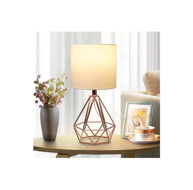 Depuley 5W Bedside Table Lamp, Modern Desk Lamp with Diamond Metal Wire Cage Base and Fabric Lampshade, Bedside Nightstand Reading Lamps for Bedroom, Living Rooms, Office, Cafe (E27 Bulb Included)
