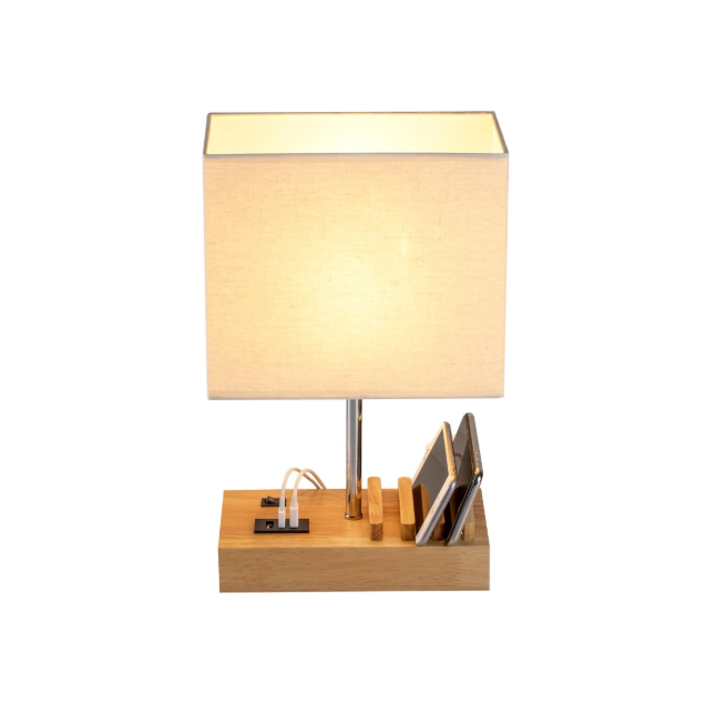 Dreamholder Table Lamp with 3 USB A+C Ports, 3 Phone Stands, Modern USB Bedside Lamp for Bedroom, Livingroom, Office, Nightstand Lamp with Wooden Base & Fabric Shade