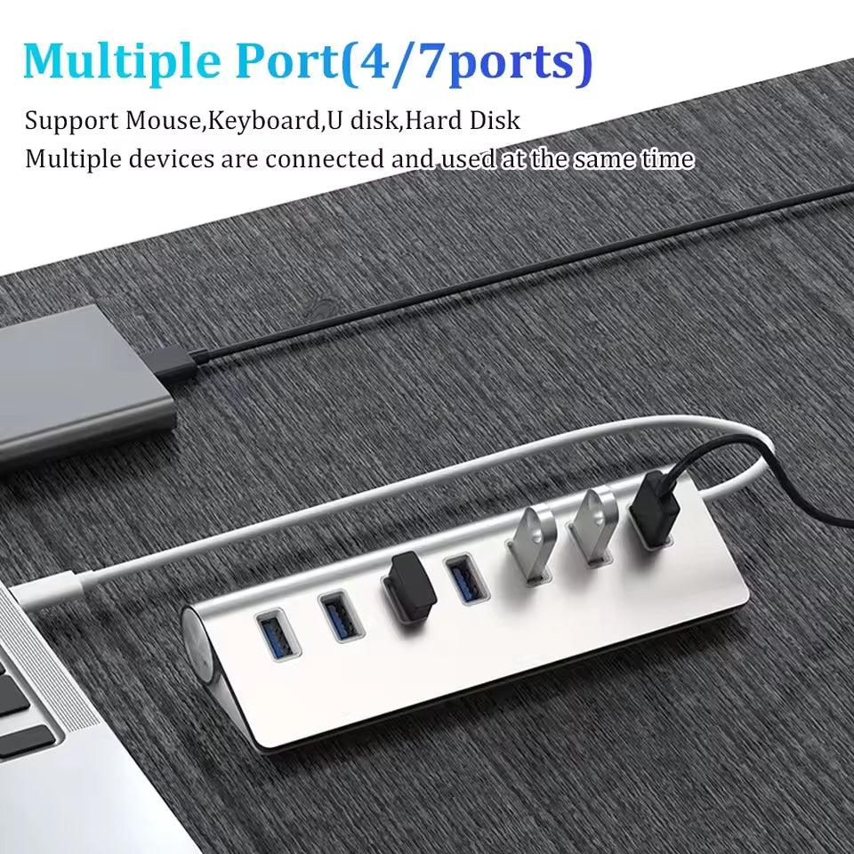 5Gbps High Speed USB 3.0 Hub 4/7-Port Aluminum Docking Station Splitter for Laptop & PC