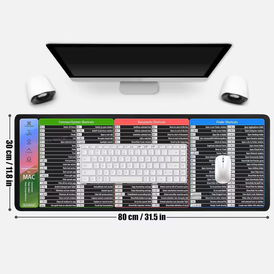 Mac OS Shortcuts Mouse Pad – Large iMac Keyboard Cheat Sheet Desk Mat (Non-Slip, Washable, Sewn Edges)
