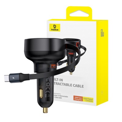Baseus Enjoyment Pro Car Charger U+Retractable Type-C Cable 60W-Cluster Black