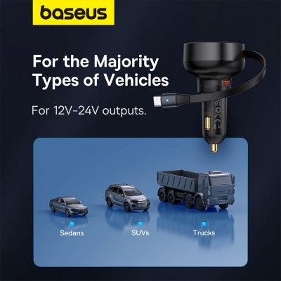 Baseus Enjoyment Pro Car Charger U+Retractable Type-C Cable 60W-Cluster Black