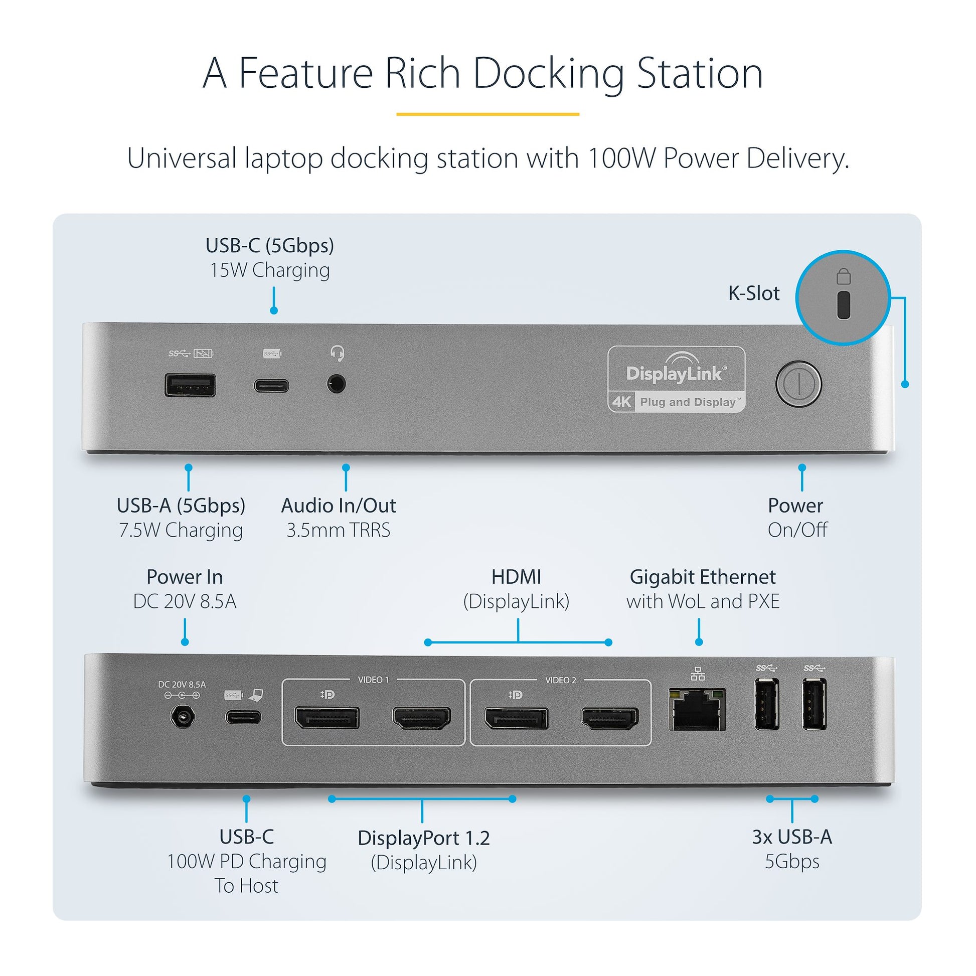 StarTech Universal Laptop Docking Station – USB-C & USB-A Hybrid Dock with Dual 4K Displays and 100W Power Delivery-3