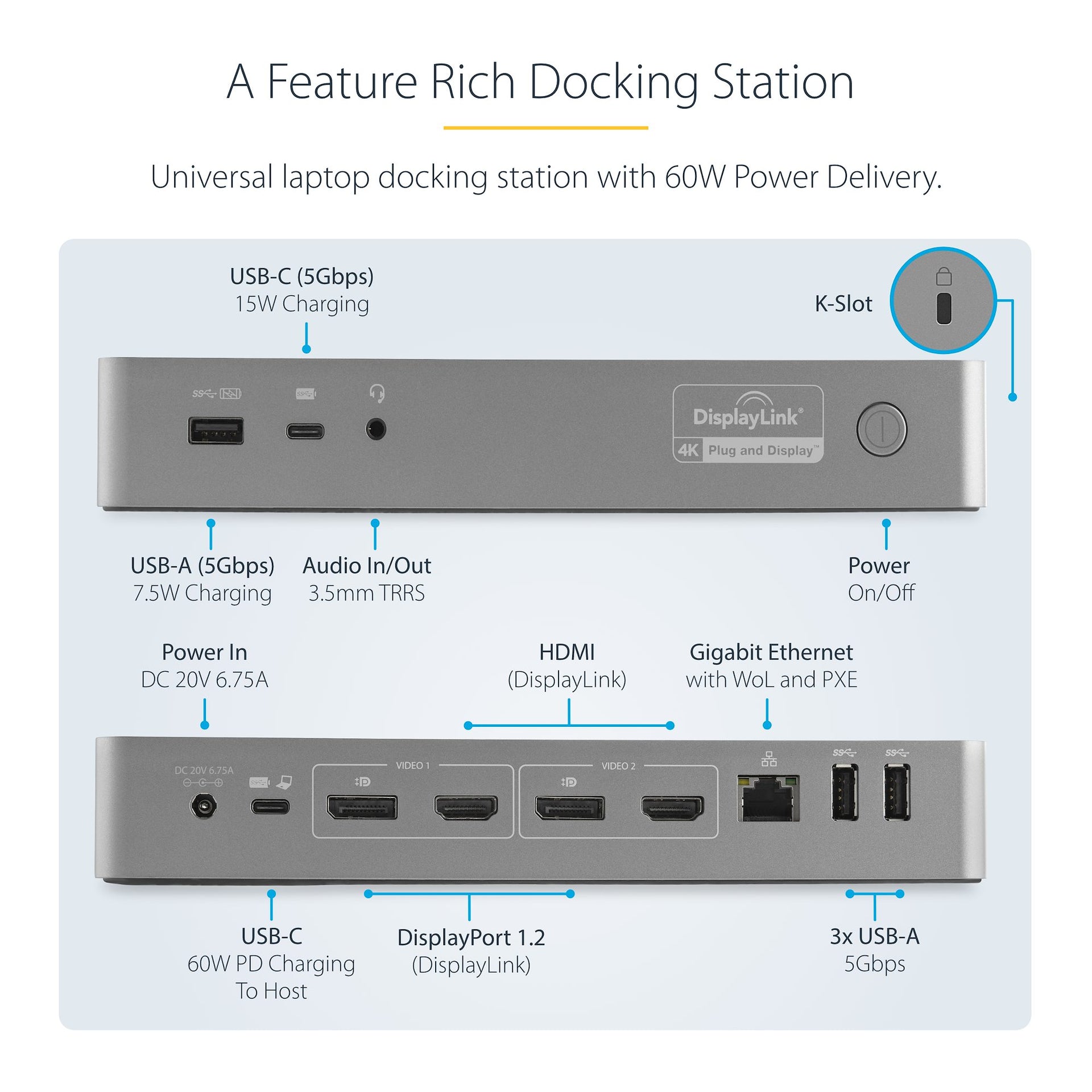 StarTech Universal Laptop Docking Station – USB-C & USB-A Hybrid Dock with Dual 4K Displays and 60W Power Delivery