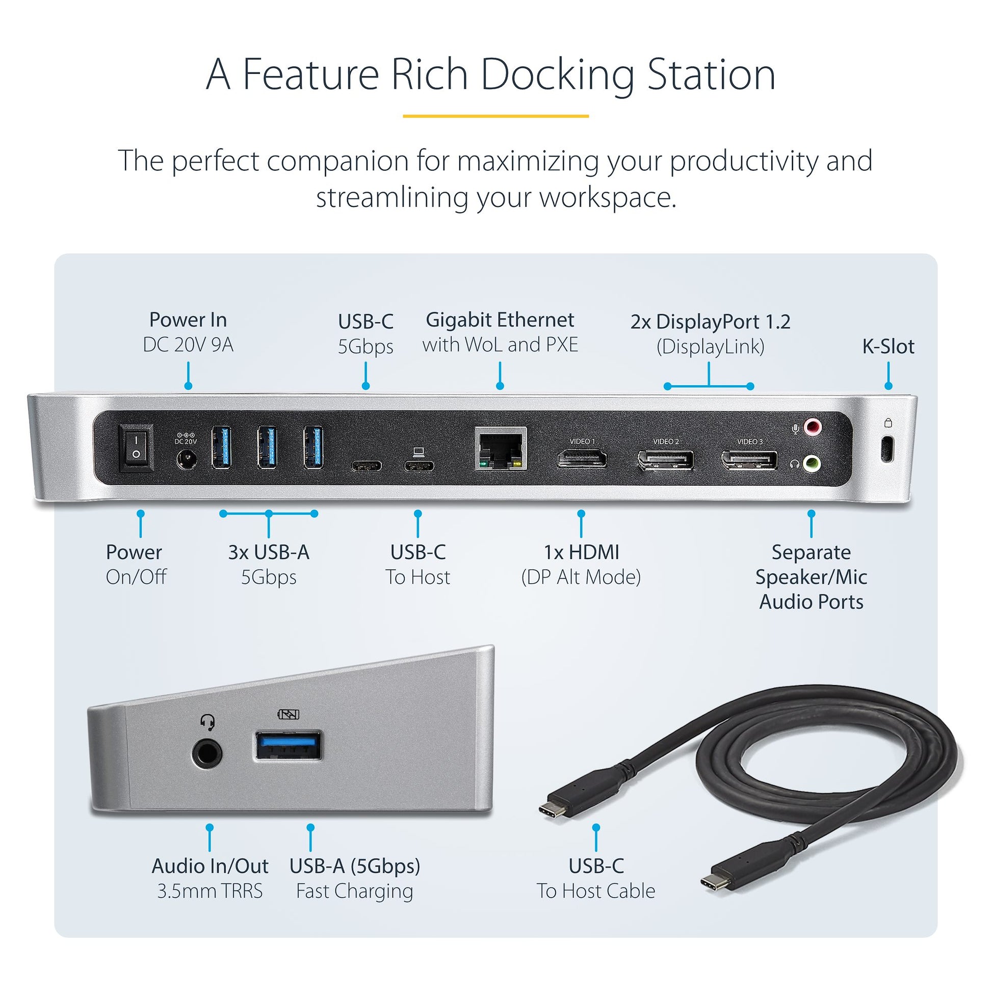 StarTech USB-C Docking Station – Triple 4K Monitor Dock with DisplayPort, HDMI & 100W Power Delivery-3