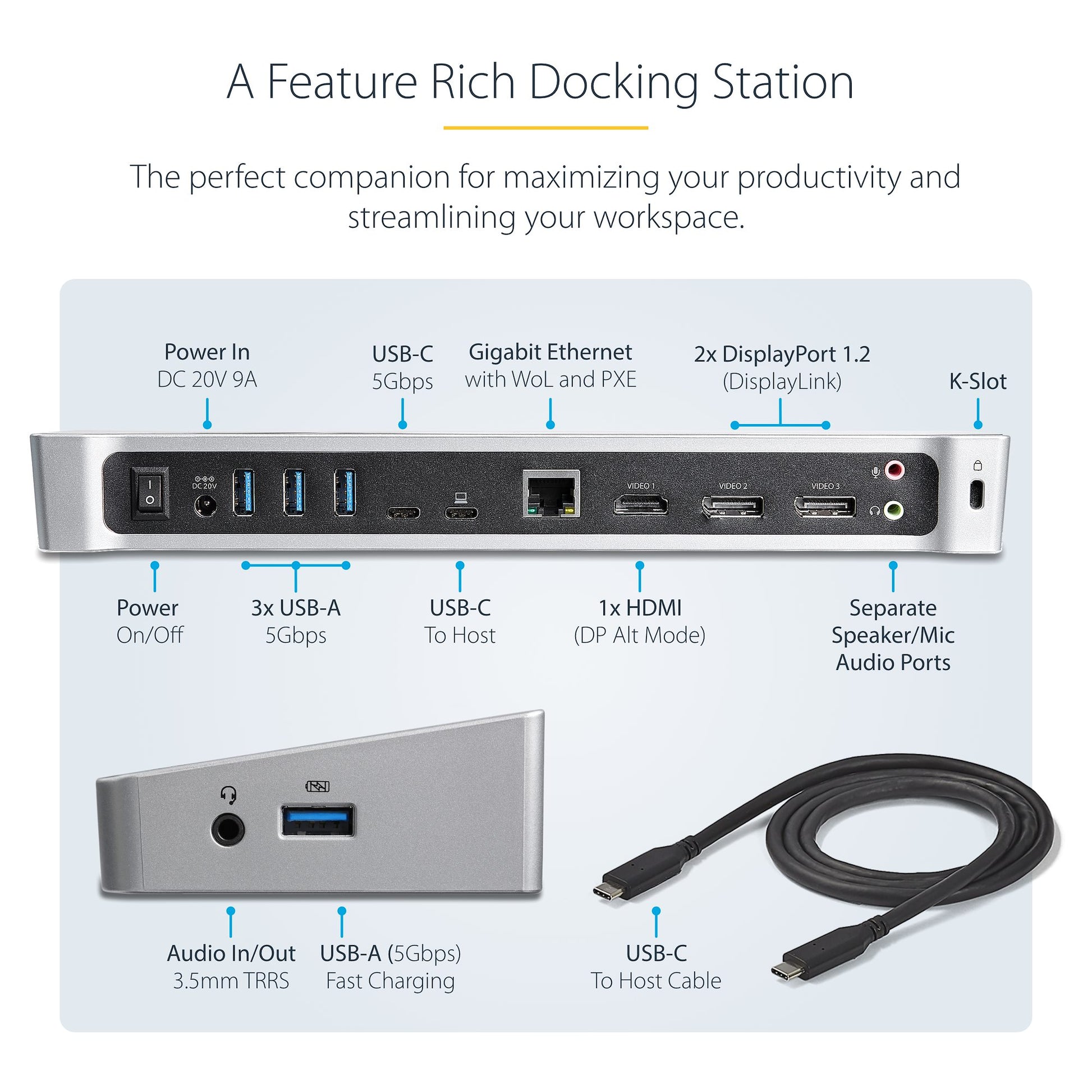 StarTech USB-C Docking Station – Triple 4K Monitor Dock with DisplayPort, HDMI & 60W Power Delivery-3