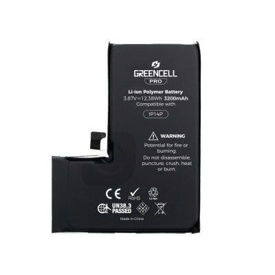 Greencell PRO Series iPhone 14 Pro Replacement Battery with Adhesive Strips – 3200mAh (TI 27546-A3 IC & Original Cell)