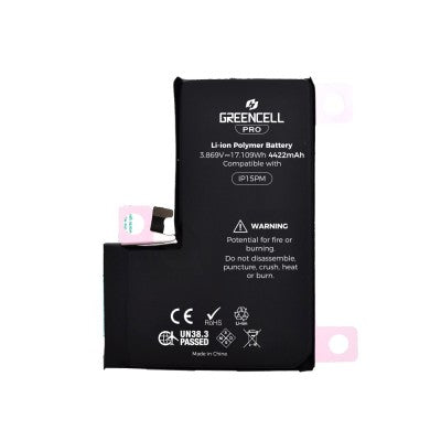 Greencell PRO Series Replacement Battery for iPhone 15 Pro Max – 4422mAh (TI 27546-A3 IC)