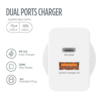 iQuick GaN II 20W PD3.0+QC3.0 Dual Ports Charging Adapter-White