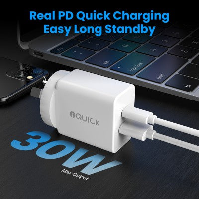 iQuick GaN II 20W PD3.0+QC3.0 Dual Ports Charging Adapter-White