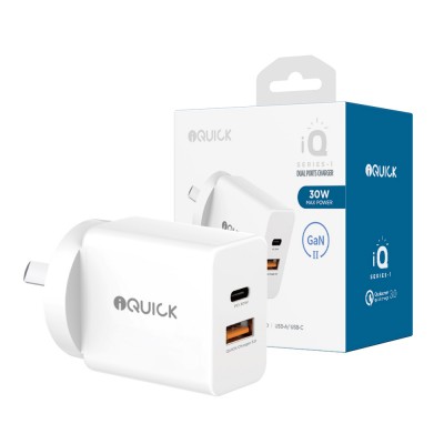 iQuick GaN II 30W PD3.0+QC3.0 Dual Ports Charging Adapter-White