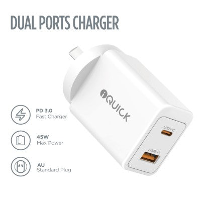iQuick GaN II 45W PD3.0+QC3.0 Dual Ports Charging Adapter-White
