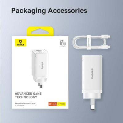 Baseus GaN5 Pro Fast Charger 2xUSB-C 1xUSB 65W-Moon White