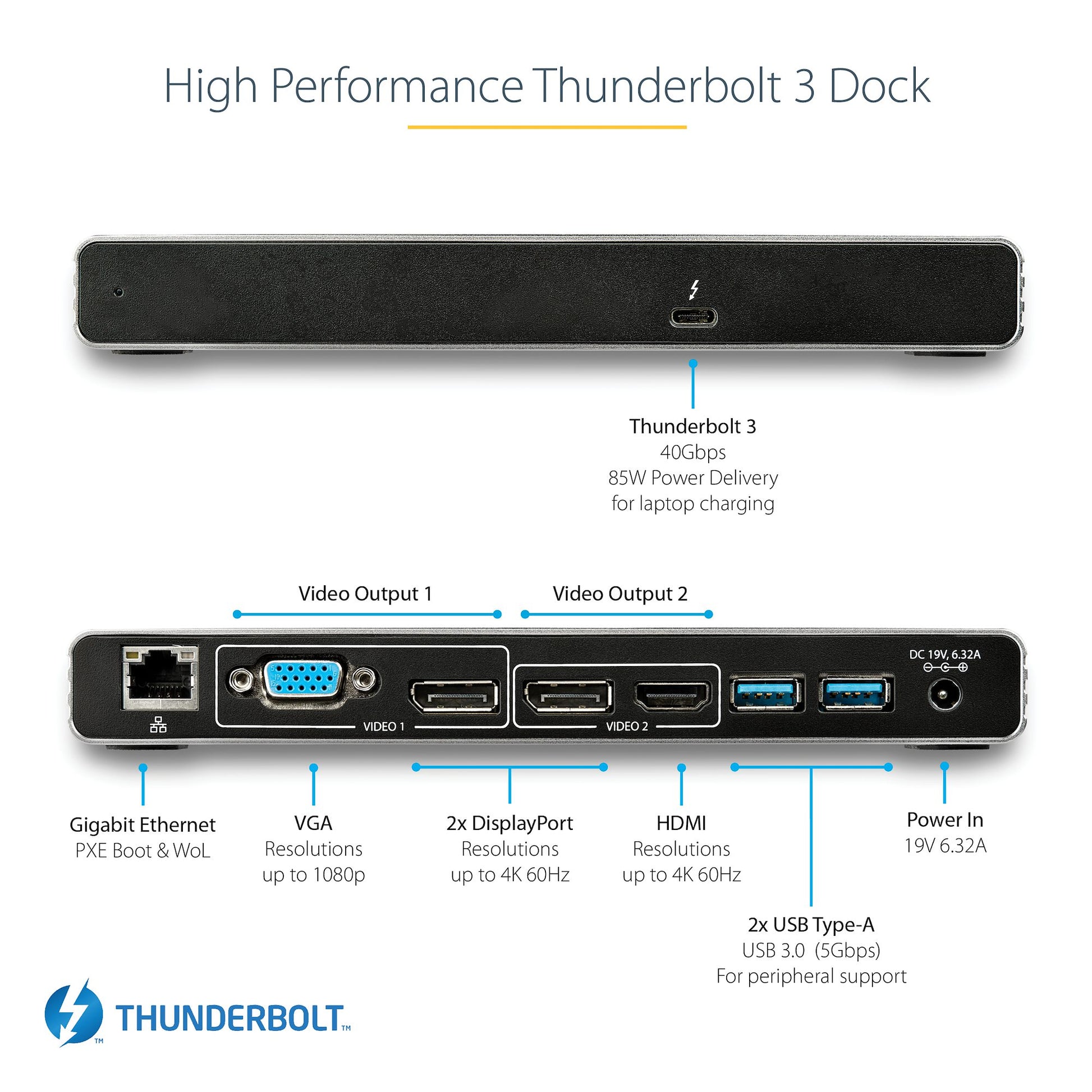 StarTech Thunderbolt 3 Dock – Dual 4K 60Hz Laptop Docking Station with HDMI, DisplayPort & VGA-2