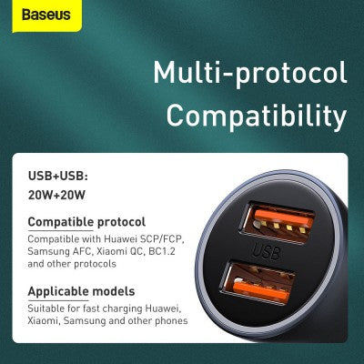 Baseus Golden Contactor Pro Dual Fast Charger Car Charger U+U 40W (With Simple wiring USB For Type-C 5A 1.0m)