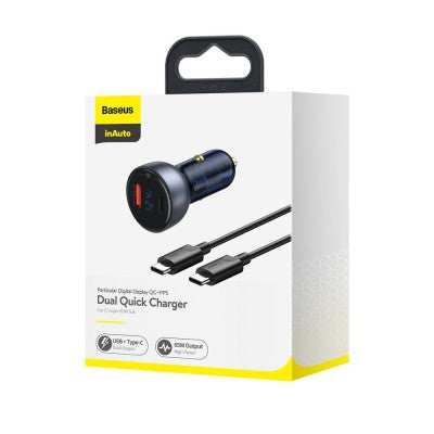 Baseus Particular Digital Display QC+PPS Dual Quick Charger Car Charger 65W (With Type-C to Type-C 100W Cable (20V/5A) 1m)-Dark Gray